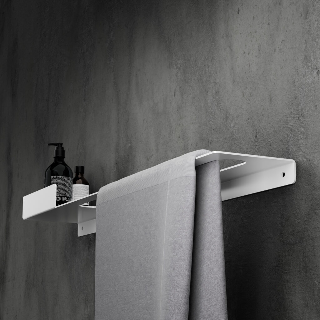 Metaliczny Pluton ORION półka łazienkowa z wieszakiem na ręczniki ścienna prawa biały mat 5905280307830