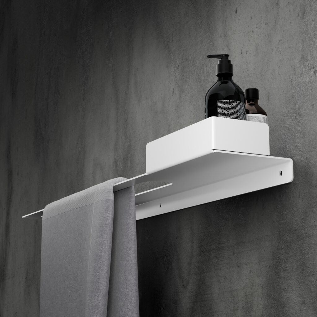 Metaliczny Pluton ORION półka łazienkowa z wieszakiem na ręczniki ścienna lewa biała 5905280307823