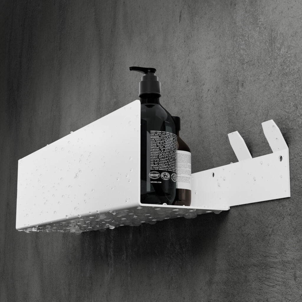 Metaliczny Pluton VELLA pólka łazienkowa ścienna aluminiowa dwa haki prawa biała 5905280307199