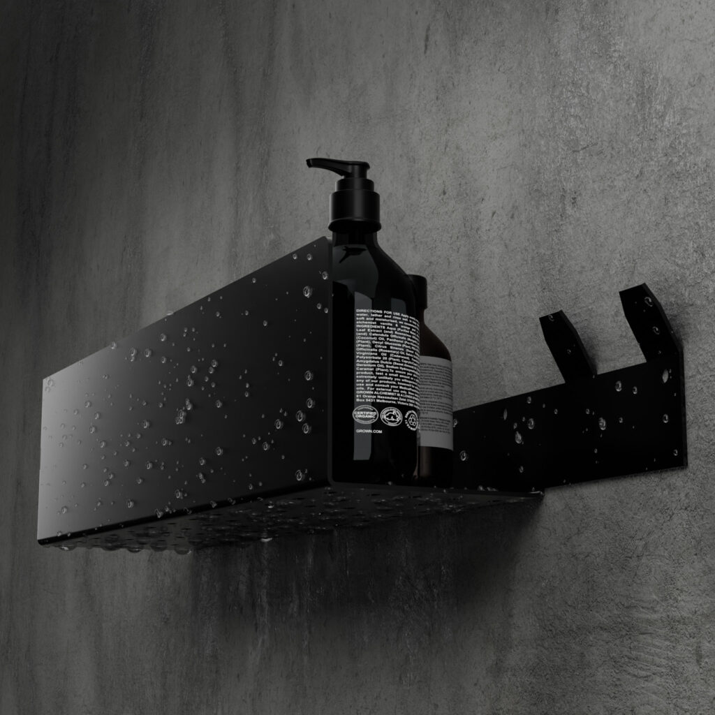 Metaliczny Pluton VELLA półka łazienkowa ścienna aluminiowa dwa haki prawa czarna 5905280307229