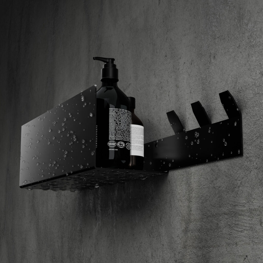 Metaliczny Pluton VELLA półka łazienkowa ścienna aluminiowa trzy haki prawa czarna 5905280307304