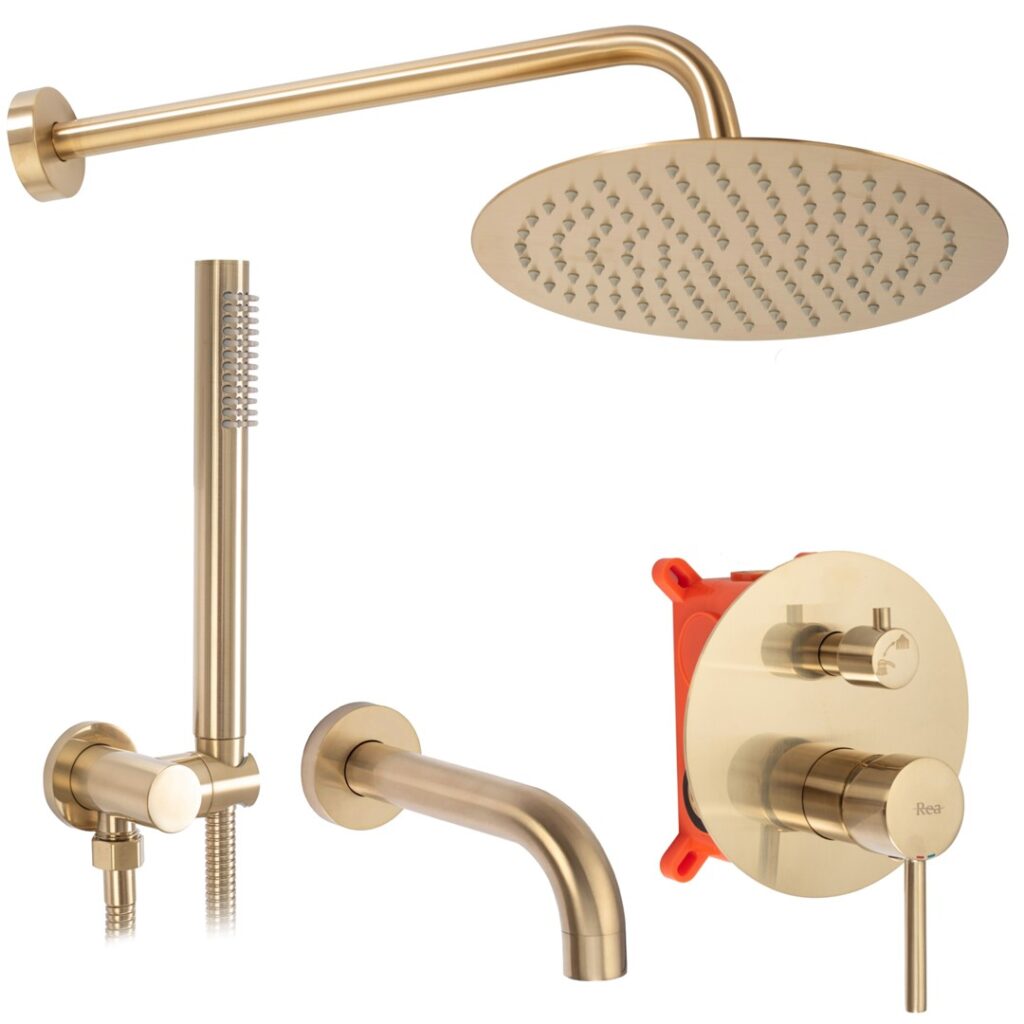 REA ZESTAW NATRYSKOWO-WANNOWY Z WYLEWKĄ LUNGO ZŁOTY SZOTKOWANY  REA-P6609