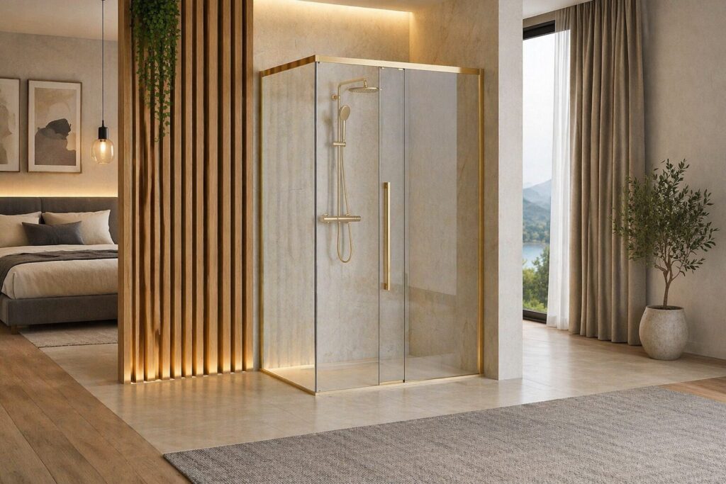 REA Kabina prysznicowa 100×80 złota Rea Solar przesuwna szkło hartowane 6 mm REA-K4901