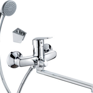 Bateria umywalkowa ścienna z wydłużoną wylewką – podłączenie na wąż i zestaw natryskowy