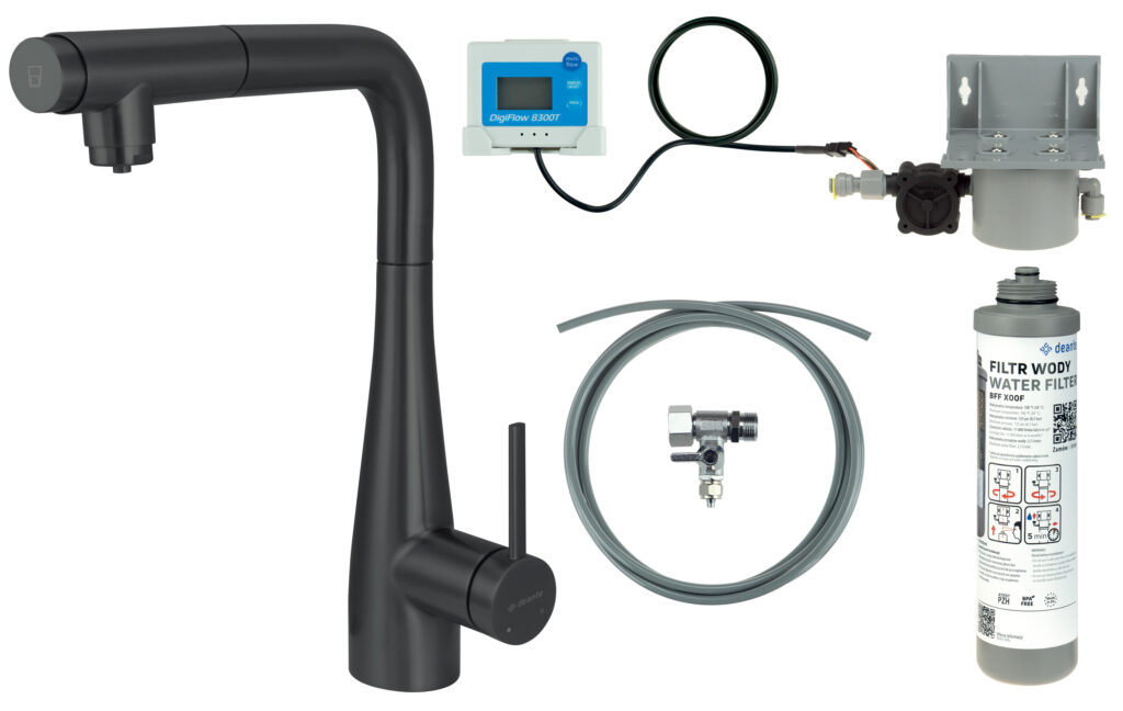 Bateria kuchenna z zestawem do filtracji wody  z wyciąganą wylewką