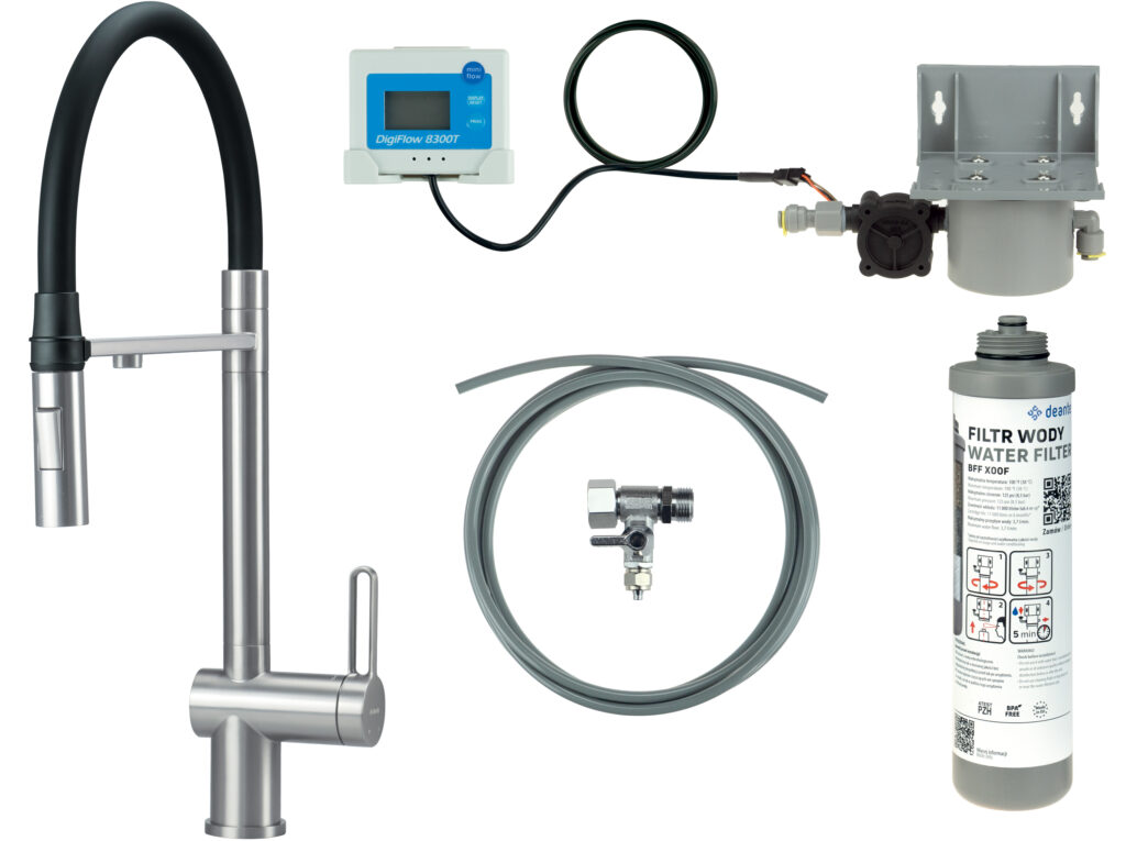 Bateria kuchenna z zestawem do filtracji wody  z elastyczną wylewką