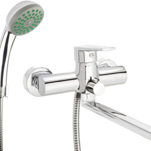 Bateria umywalkowo-wannowa ścienna z zestawem prysznicowym