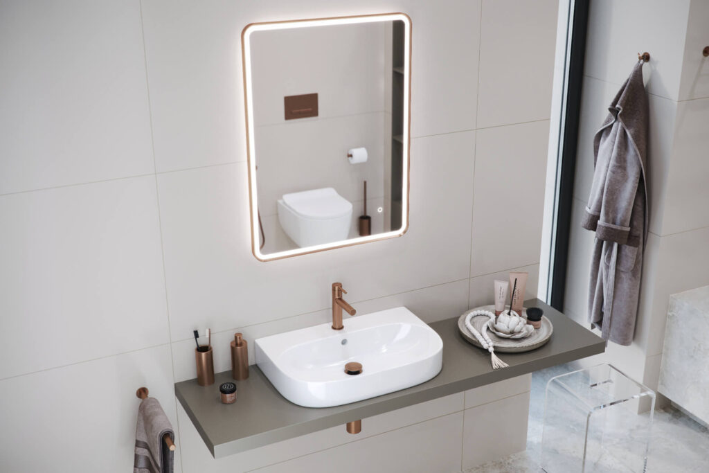 Corido lustro łazienkowe 80×60 cm prostokątne, oświetlenie LED mata grzewcza, miedziany szczotkowany