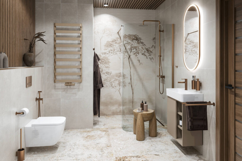 Vidoq walk-in ścianka prysznicowa gięta 93×200 cm, powłoka Clean Control, miedziany szczotkowany