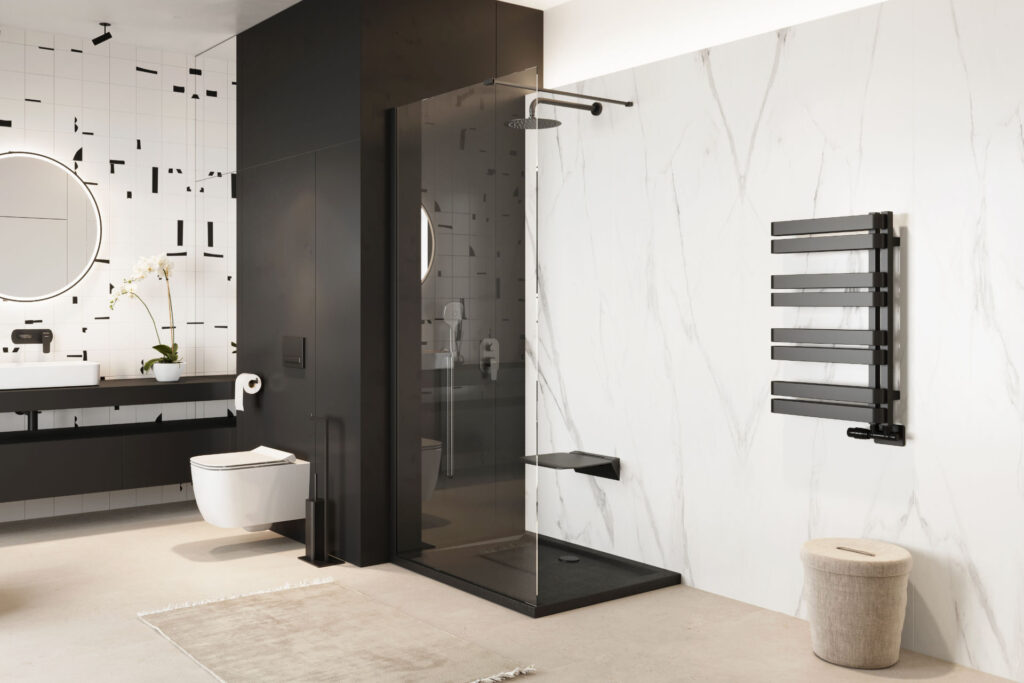 Meteor Side grzejnik łazienkowy asymetryczny 72×50 cm, czarny soft