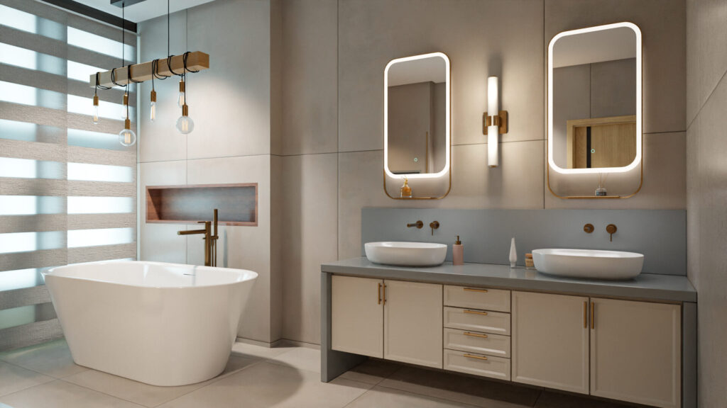 Mila Light lustro łazienkowe 100×50 cm z półką, oświetlenie LED mata grzewcza, miedziany szczotkowany