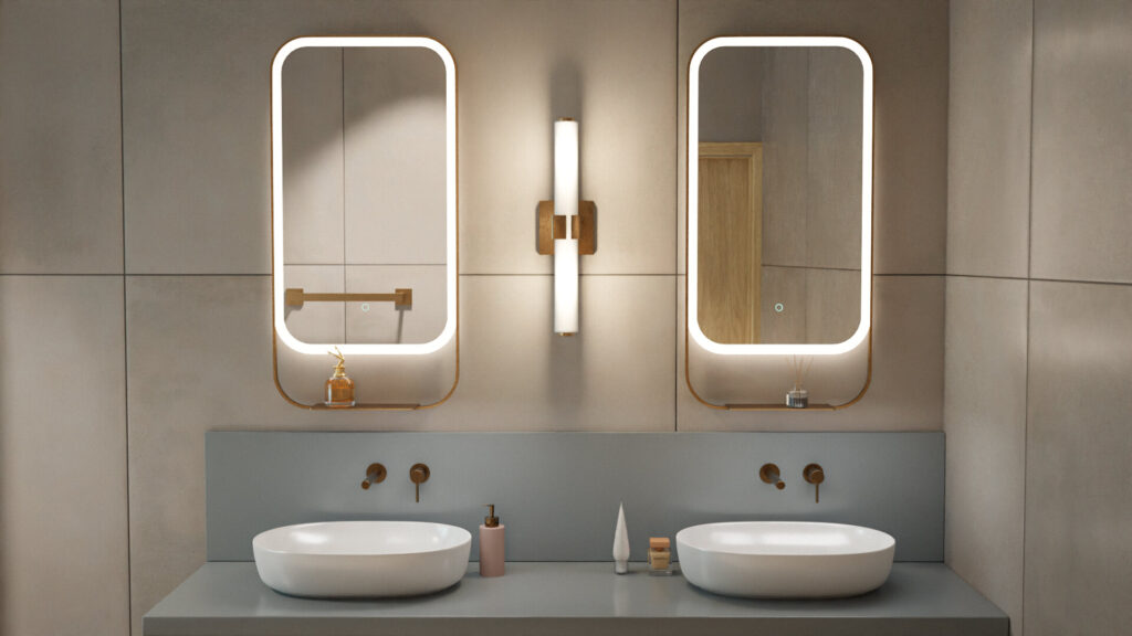 Mila Light lustro łazienkowe 100×50 cm z półką, oświetlenie LED mata grzewcza, miedziany szczotkowany