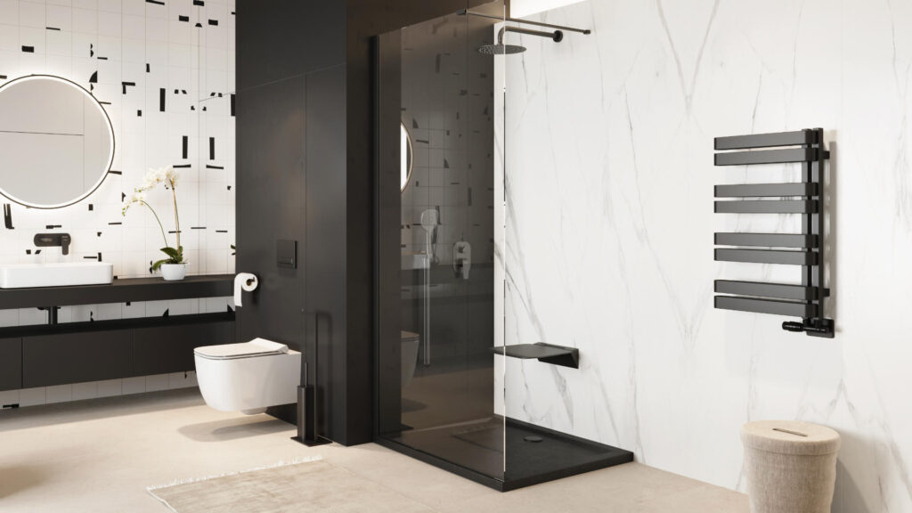 Seduro Premium siedzisko prysznicowe składane, wolnoopadające z powłoką antybakteryjną, czarny