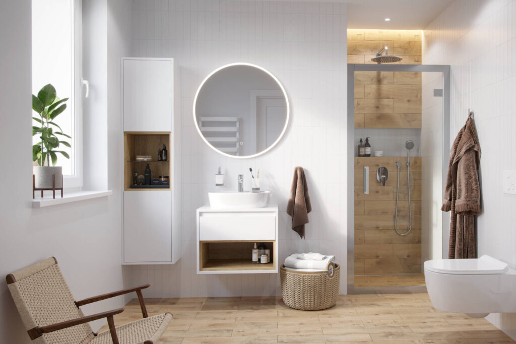 Tuto szafka wisząca 80 cm podumywalkowa z blatem, biały połysk/dąb