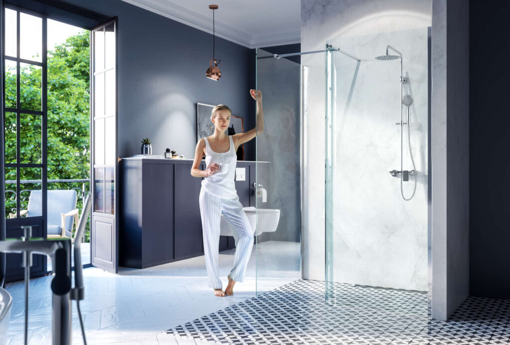 Vidoq walk-in ścianka prysznicowa gięta 83×200 cm, powłoka Clean Control, chrom