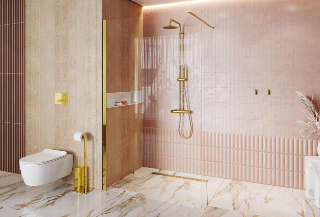 Vidoq walk-in ścianka prysznicowa prosta 90×200 cm, powłoka Clean Control, złoty połysk