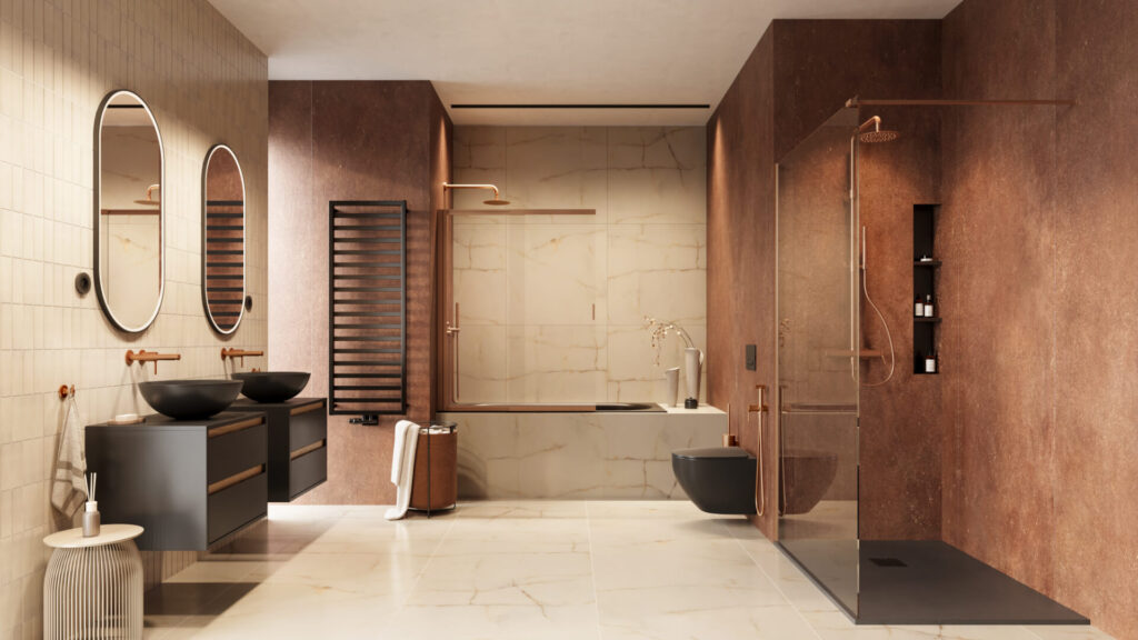 Vidoq walk-in ścianka prysznicowa prosta 100×200 cm, powłoka Clean Control, miedziany szczotkowany