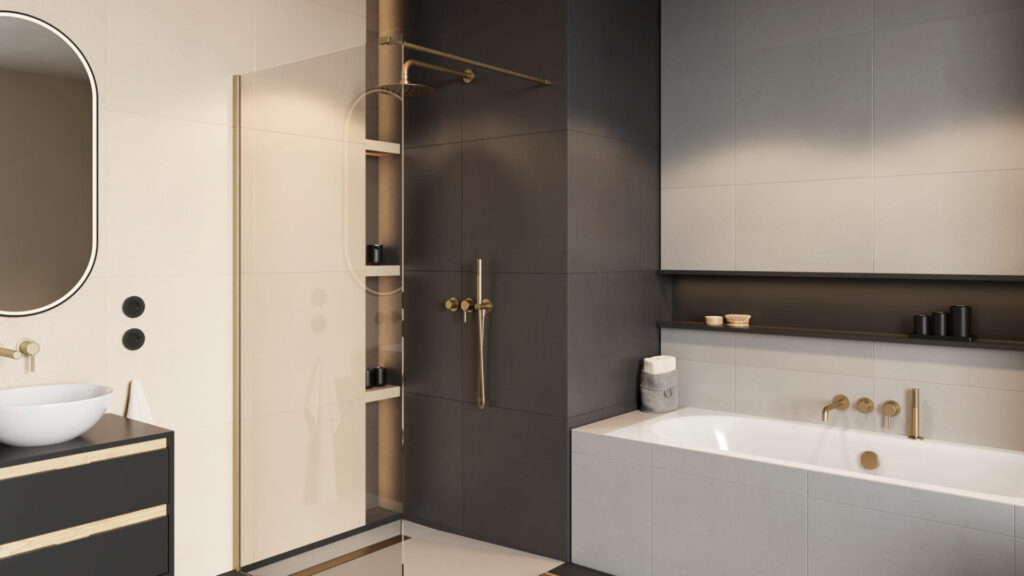 Vidoq walk-in ścianka prysznicowa prosta 100×200 cm, powłoka Clean Control, złoty szczotkowany