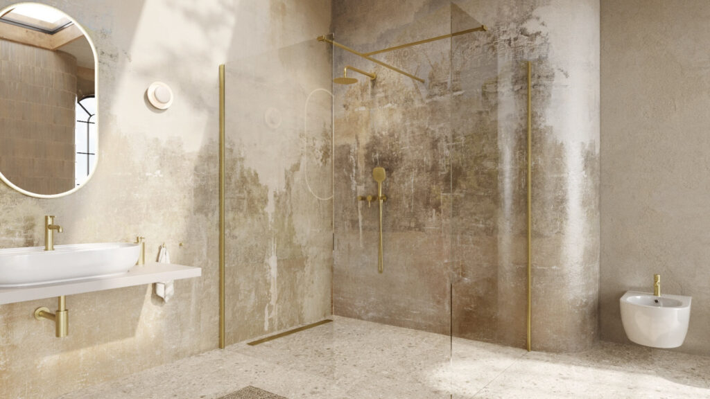 Vidoq walk-in ścianka prysznicowa prosta 120×200 cm, powłoka Clean Control, złoty szczotkowany