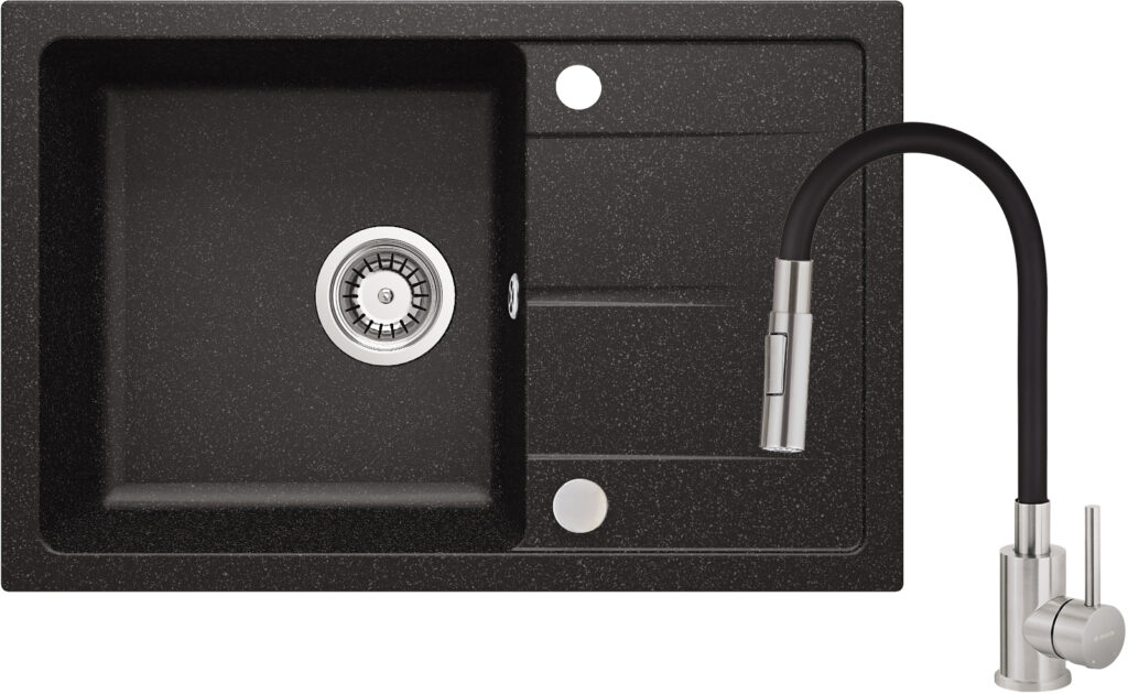 Zlewozmywak granitowy z baterią z giętą wylewką