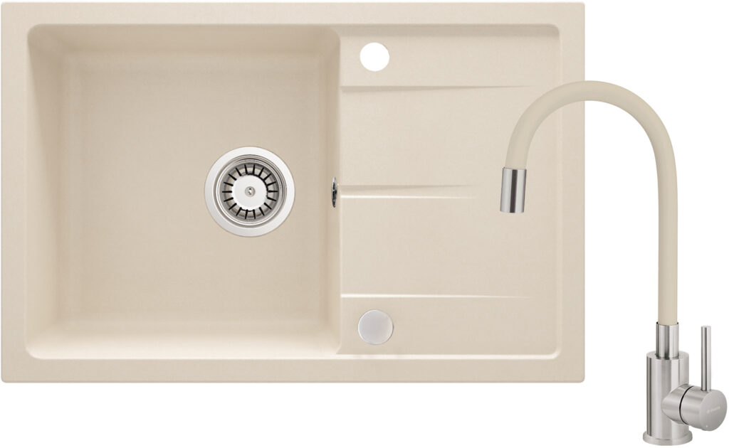 Zlewozmywak granitowy z baterią z giętą wylewką