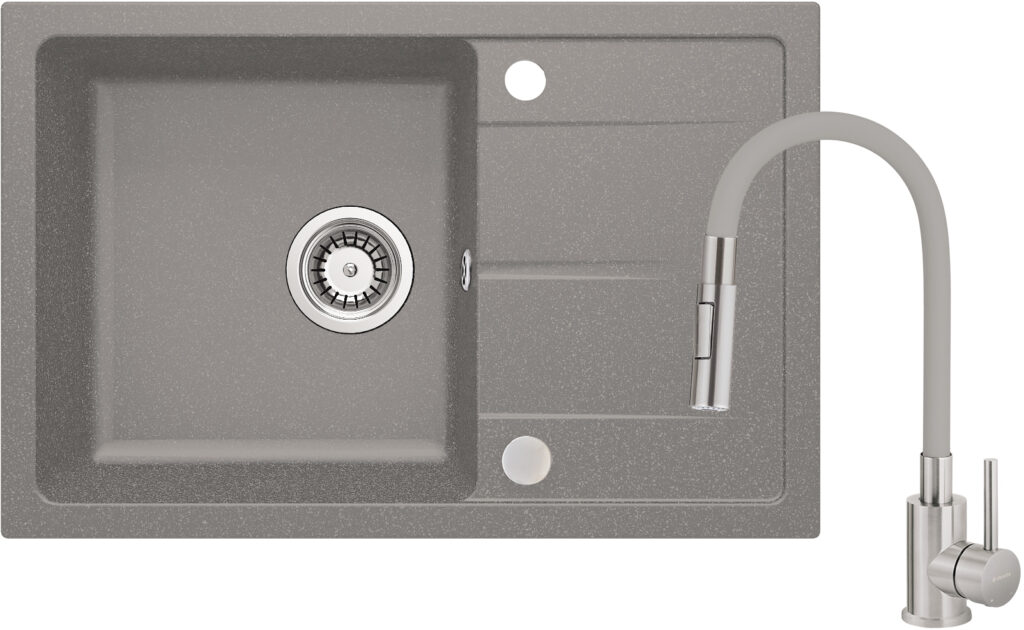 Zlewozmywak granitowy z baterią z giętą wylewką