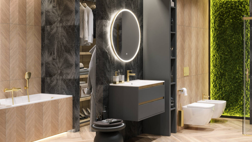 Corido lustro łazienkowe 80 cm okrągłe oświetlenie LED mata grzewcza, złoty połysk