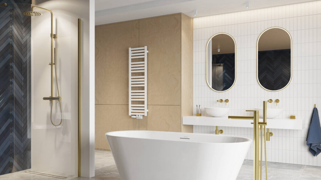 Corido lustro łazienkowe 100×50 cm owalne, oświetlenie LED mata grzewcza, złoty szczotkowany