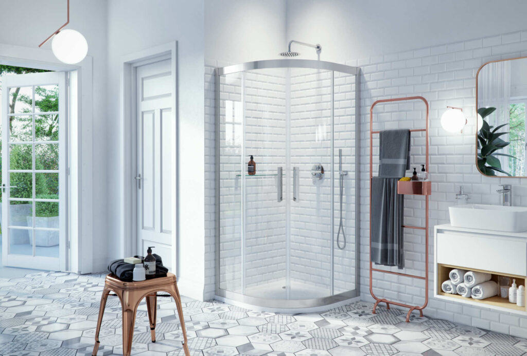 Seria 600 kabina półokrągła 90×90 cm drzwi przesuwne, Clean Control, chrom