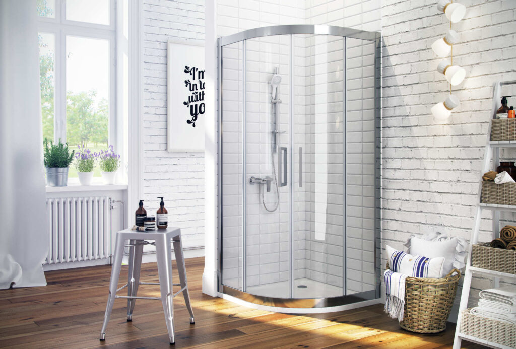 Seria 600 kabina półokrągła 90×90 cm drzwi przesuwne, Clean Control, chrom