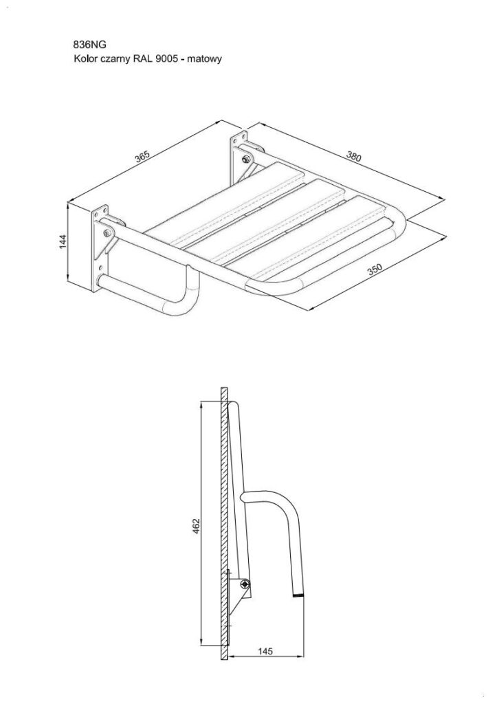 Siedzisko (krzesełko) prysznicowe metalowe składane ANDEX Bez Barier 836NG stal nierdzewna czarny