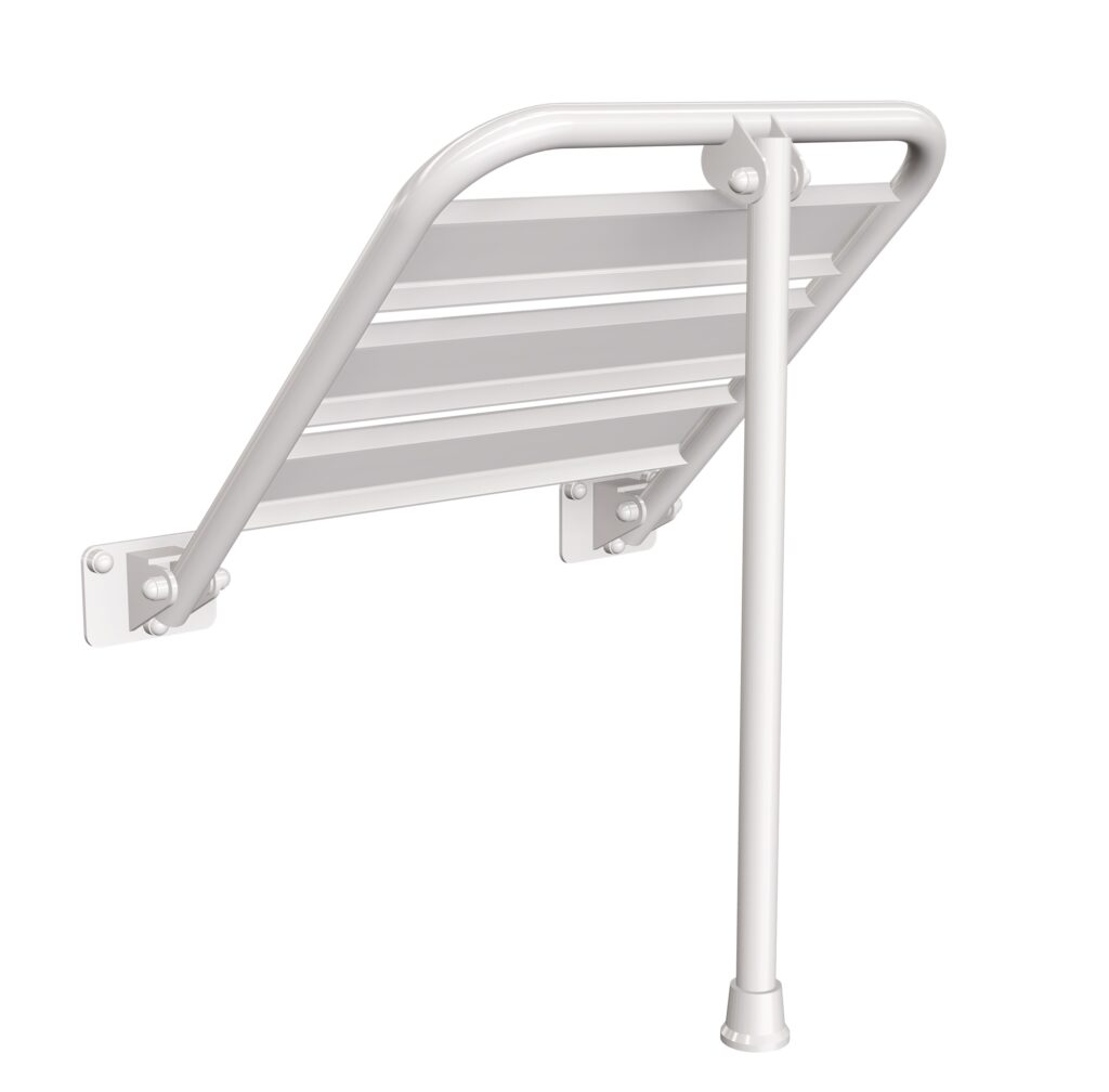 Siedzisko (krzesełko) prysznicowe metalowe składane z podporą ANDEX Bez Barier 837B stal nierdzewna białe