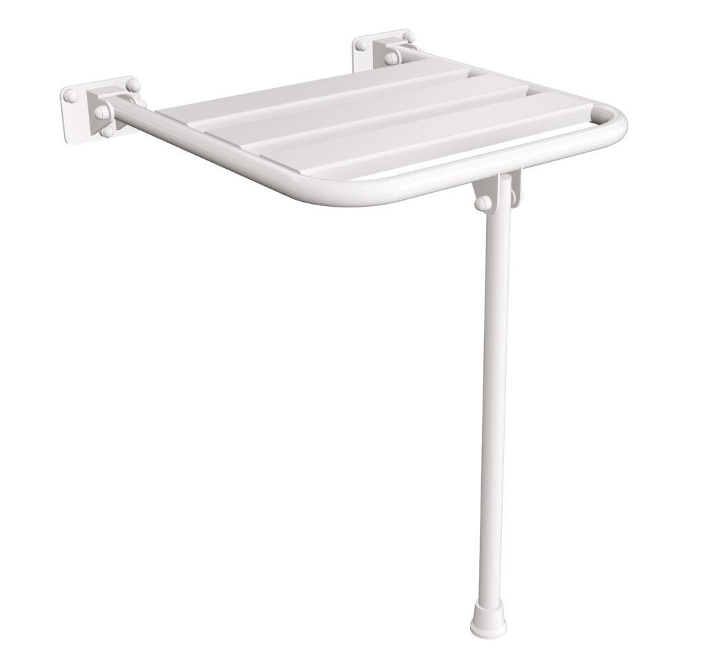Siedzisko (krzesełko) prysznicowe metalowe składane z podporą ANDEX Bez Barier 837B stal nierdzewna białe