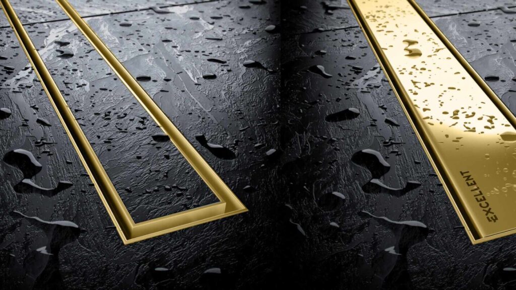 Stilio odpływ liniowy 60 cm z kołnierzem ruszt do wypełnienia płytką, złoty połysk