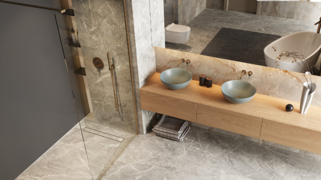 Stilio odpływ liniowy 90 cm z kołnierzem ruszt do wypełnienia płytką, miedziany szczotkowany