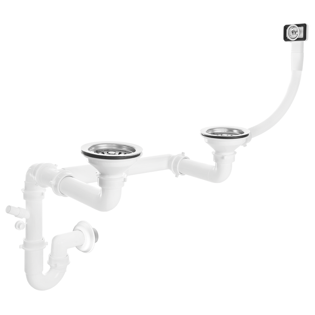 Syfon 2 × 3,5″ z przelewem do zlewozmywaka 2-komorowego