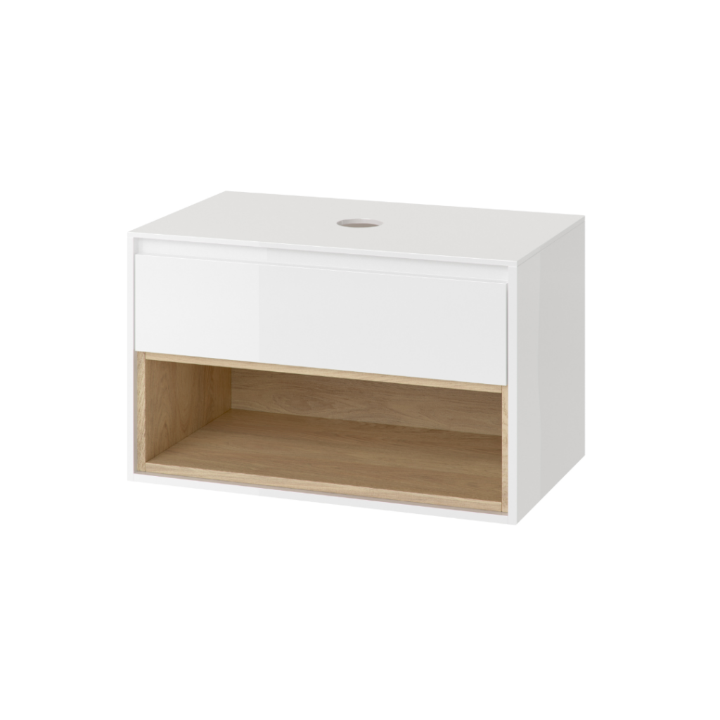 Tuto szafka wisząca 80 cm podumywalkowa z blatem, biały połysk/dąb