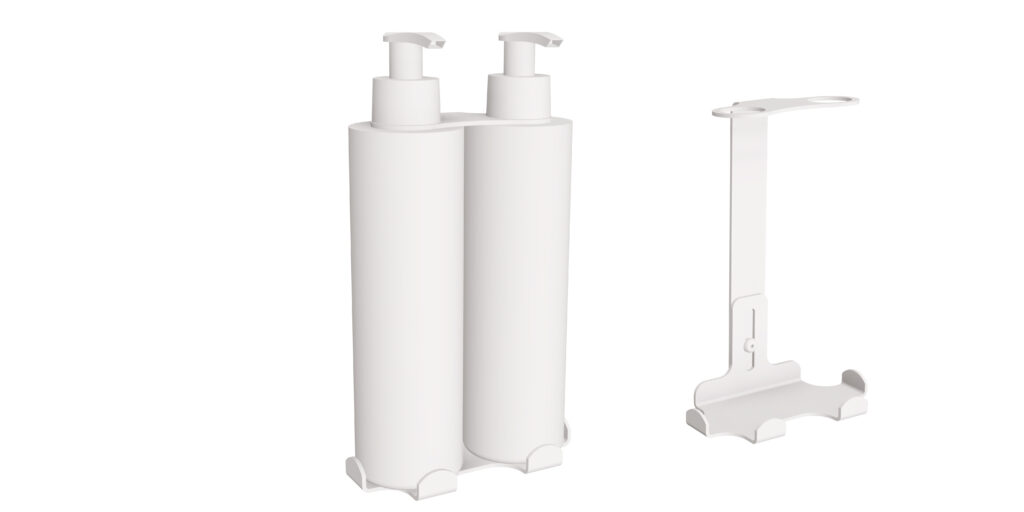 Uchwyt-dozownik mydła w płynie i szamponu samoprzylepny 2x300ml ANDEX Technic 387B stal nierdzewna biały