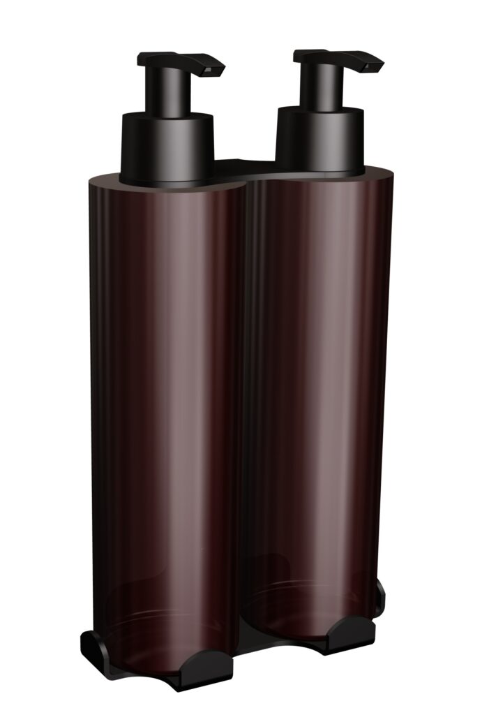 Uchwyt-dozownik mydła w płynie i szamponu samoprzylepny 2x300ml ANDEX Technic 387NG stal nierdzewna czarny