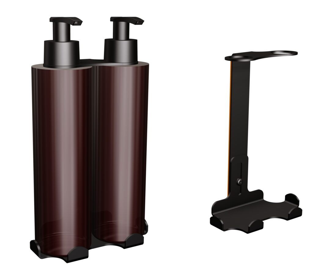 Uchwyt-dozownik mydła w płynie i szamponu samoprzylepny 2x300ml ANDEX Technic 387NG stal nierdzewna czarny