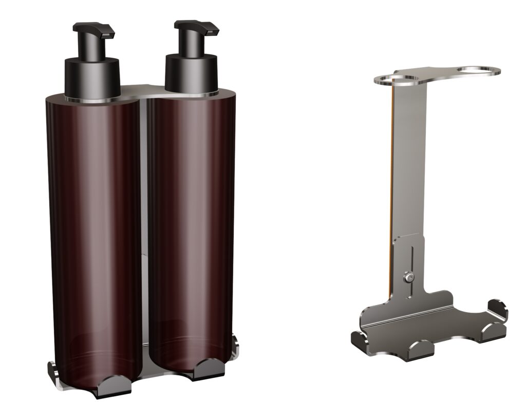 Uchwyt-dozownik mydła w płynie i szamponu samoprzylepny 2x300ml ANDEX Technic 387SG stal nierdzewna polerowana