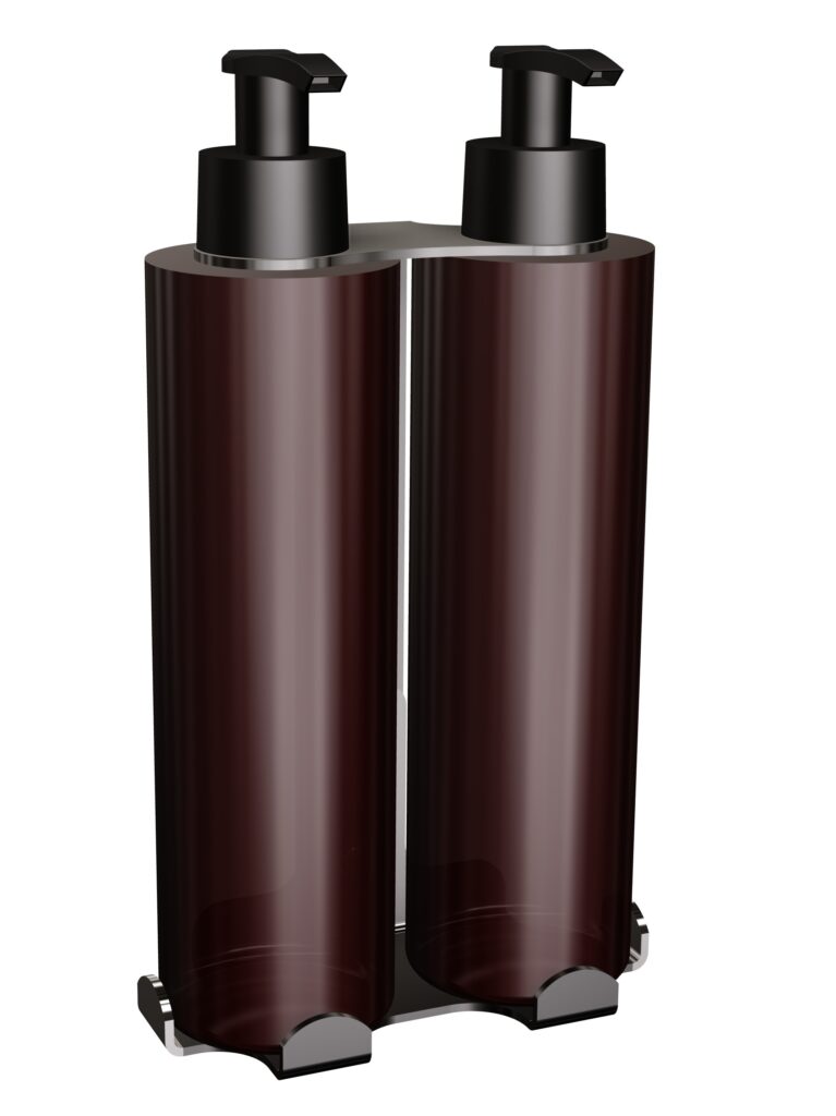 Uchwyt-dozownik mydła w płynie i szamponu samoprzylepny 2x300ml ANDEX Technic 387SG stal nierdzewna polerowana