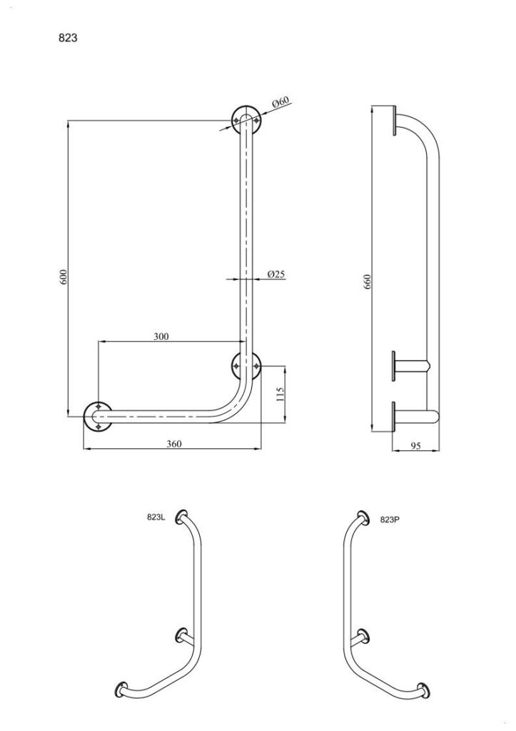Uchwyt kątowy prawy 60×30 cm ANDEX Bez Barier 823/P/B stal nierdzewna biały