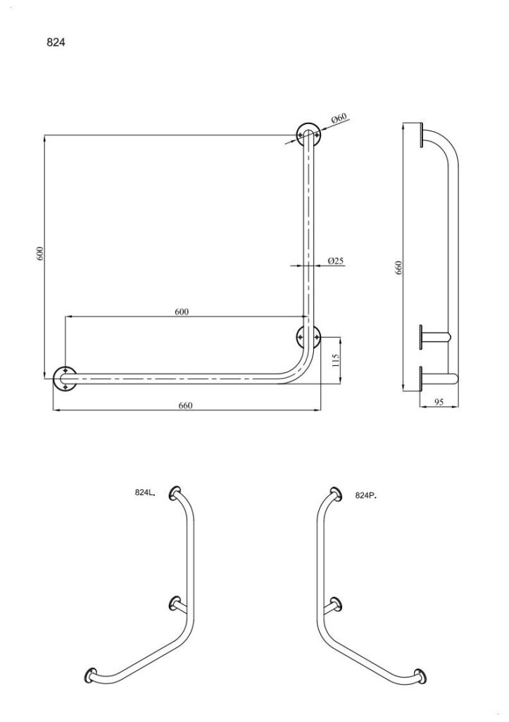 Uchwyt kątowy prawy 60×60 cm ANDEX Bez Barier 824/P/CC stal nierdzewna polerowana