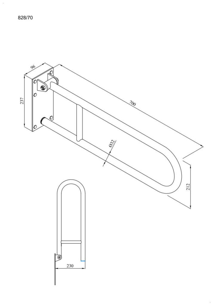 Uchwyt półokrągły uchylny 70cm z płytą Ø32 ANDEX Bez Barier 828/70CC stal nierdzewna polerowana