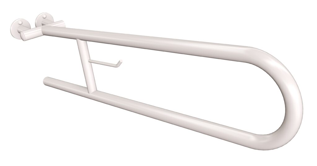 Uchwyt półokrągły uchylny 75cm z wieszakiem na papier ANDEX Bez Barier 801/W/75B stal nierdzewna biały