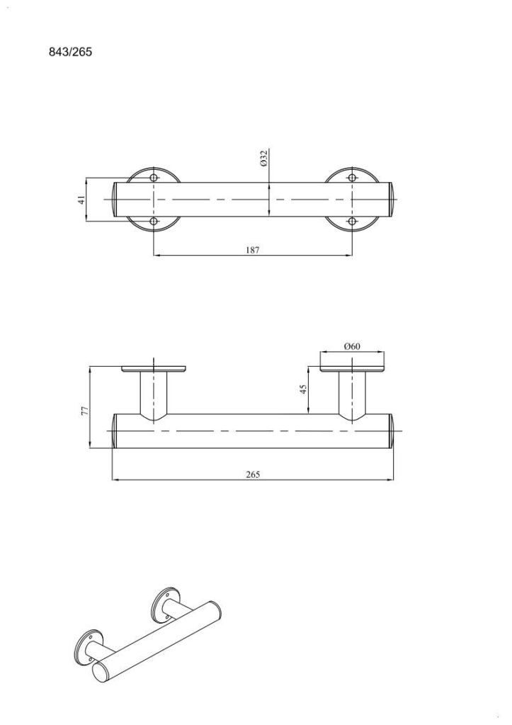 Uchwyt prosty prysznicowy 26,5 cm Ø32 ANDEX Bez Barier 843/265CC stal nierdzewna polerowana