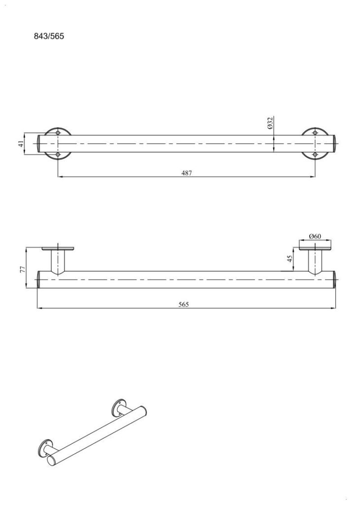 Uchwyt prosty prysznicowy 56,5 cm Ø32 ANDEX Bez Barier 843/565CC stal nierdzewna polerowana