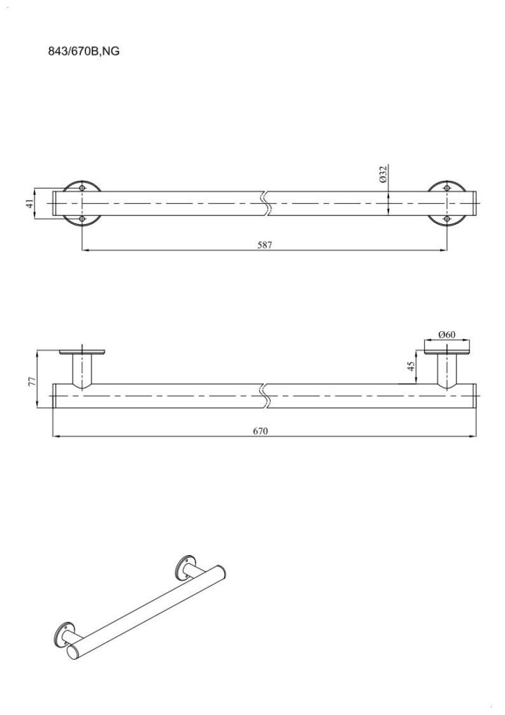 Uchwyt prosty prysznicowy 67cm Ø32 ANDEX Bez Barier 843/670B stal nierdzewna biały