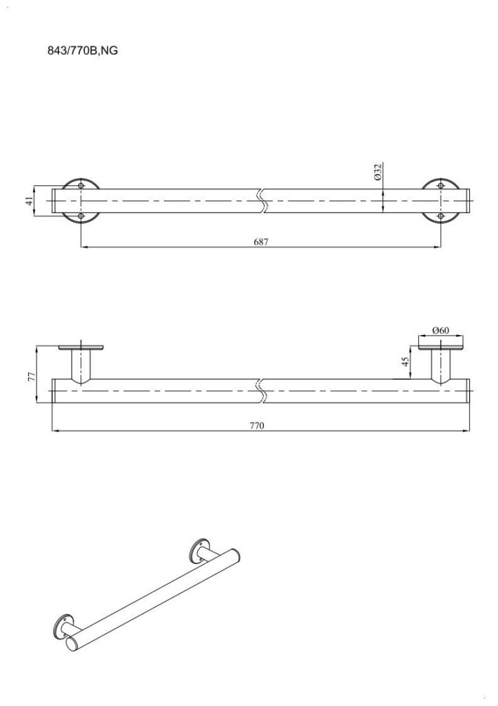 Uchwyt prosty prysznicowy 67cm Ø32 ANDEX Bez Barier 843/670NG stal nierdzewna czarny